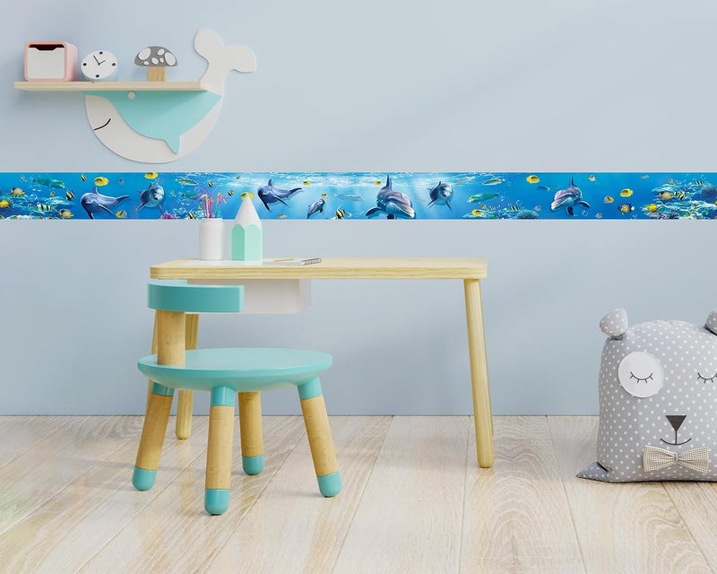 FLFK Peel and Stick Wallpaper Border Wall Decals for Kids Room - Under The Sea Fish Stickers Murals, 6" x 240" (Blue) - Image 5